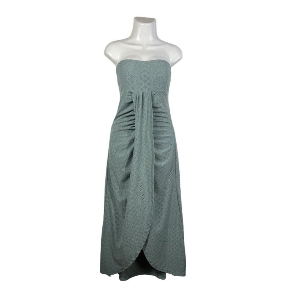 CHICME Strapless Maxi Dress Sz Large Sage Green Eyelet Tube Top Ruched Sundress